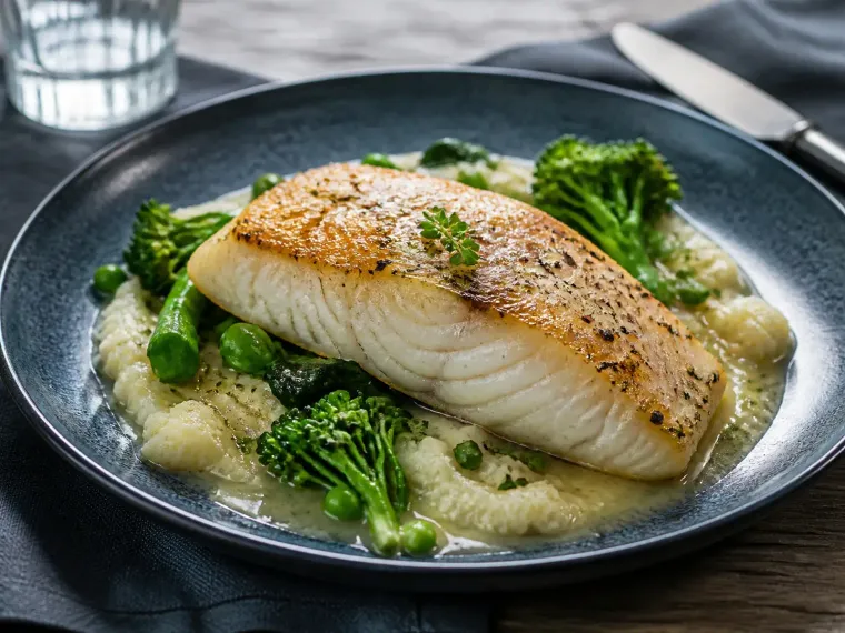 Plato de pescado servido con guarnición