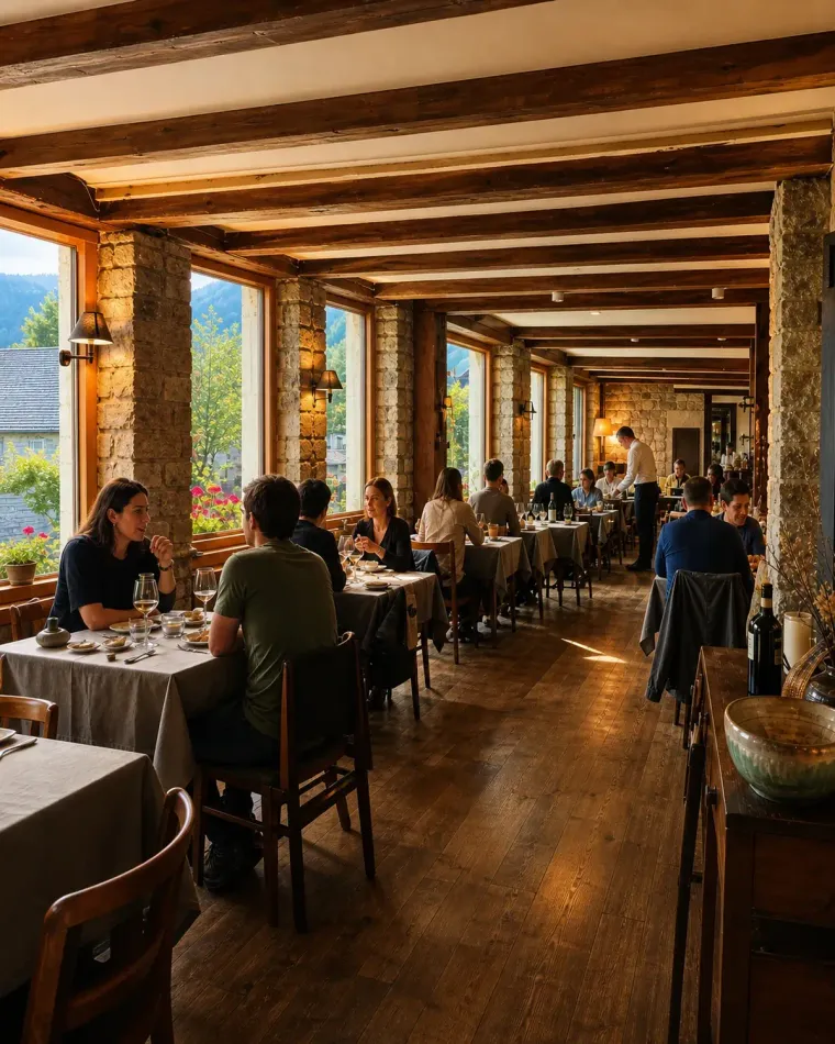 Interior del restaurante con mesas y luz cálida